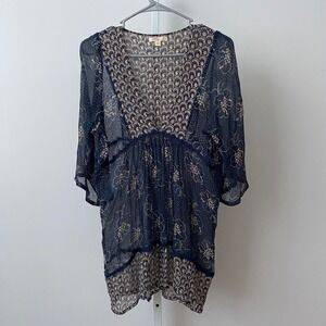 Lux 100% Silk Boho Fairy Babydoll Peasant Sheer Floral Tunic Top L Navy Blue